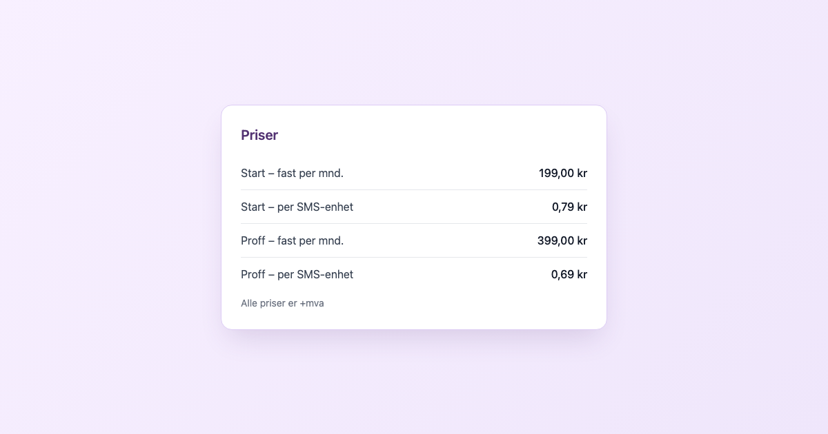 Prisoversikt for Meldio: pakken Start til 199 kroner per måned med 0,79 kroner per SMS-enhet, og pakken Proff til 399 kroner per måned med 0,69 kroner per enhet, begge +mva